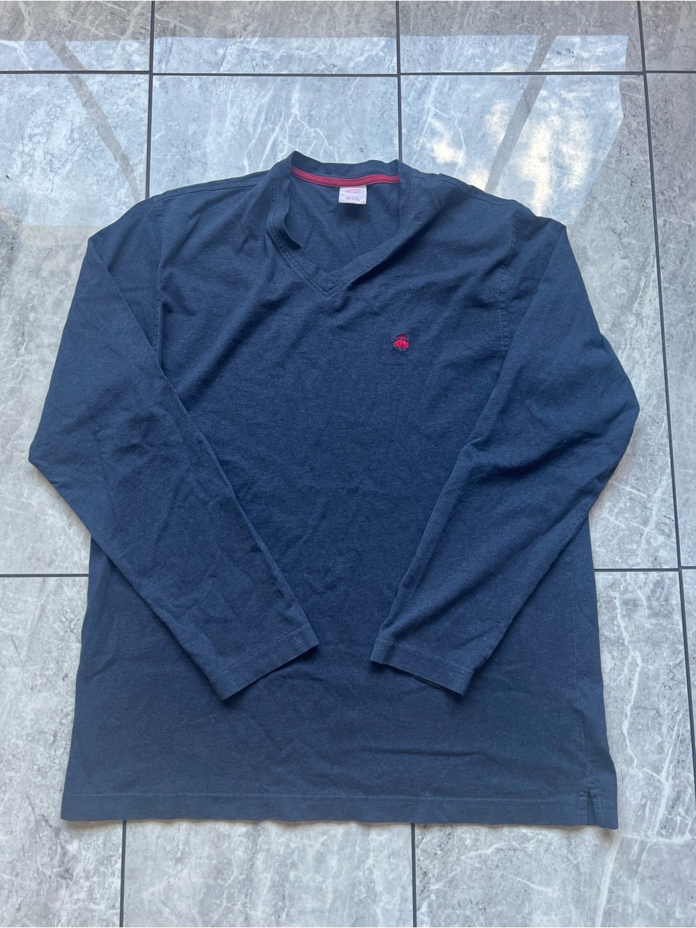 Brooks Brothers Men's Large Long Sleeve V-Neck T-Shirt Navy Blue 100% Cotton L